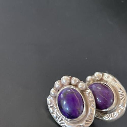 Navajo Sugilite Post Stud Earrings | Sterling Silver | Authentic Native American Handmade | 0.5" | 2068