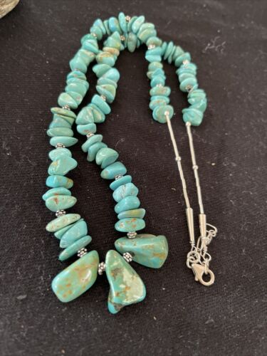 Navajo Blue Turquoise Nugget Beads Necklace | Sterling Silver | Authentic Native American Handmade | 22" | 01345