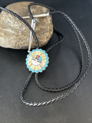 Men's Bolo Tie | Zuni Sunface Mother of Pearl Coral Turquoise Inlay | Sterling Silver | 14755