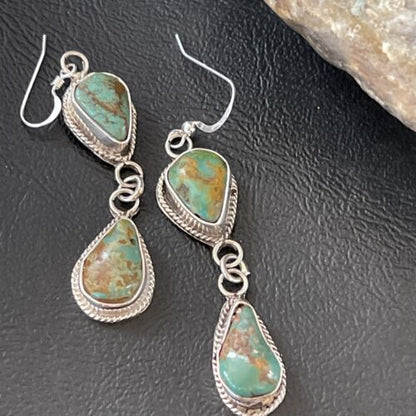 Native American Green Royston Turquoise Dangle Earrings | Navajo Handmade Sterling Silver | 1585