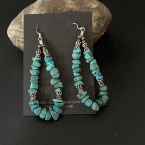 Navajo Turquoise Bead Nugget Earrings | Sterling Silver Pearls | 3" | Authentic Native American Handmade | 12890