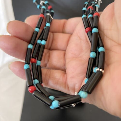 Navajo Black Onyx Coral Turquoise Bead Necklace | 3-Strand Sterling Silver | 24" | 1230