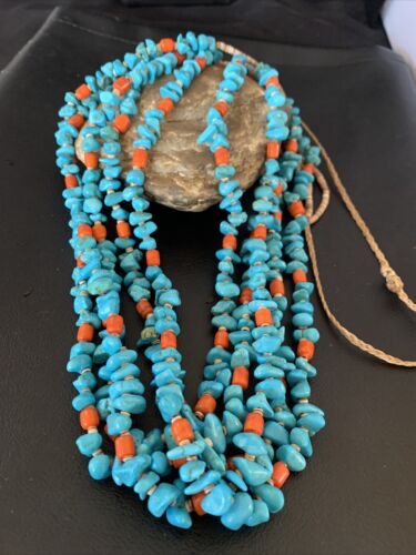 Native American Santo Domingo Spiny Blue Turquoise Shell Jacla Necklace | 5 Strand | 36" | 13194