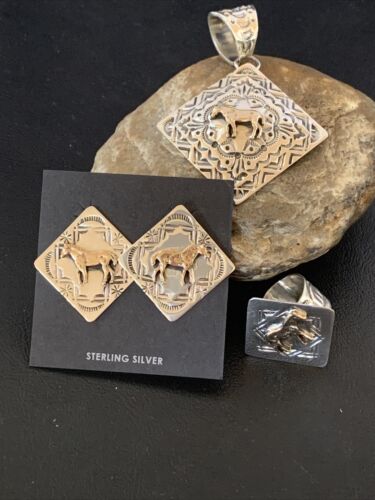 Navajo Sterling Silver & Brass Horse Pendant Earrings Ring Set | Sz 12 | Authentic Native American Handmade | 1212