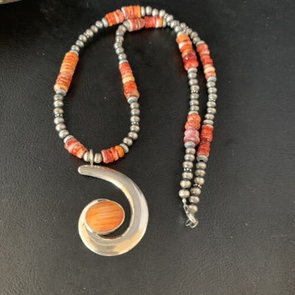 Navajo Orange Spiny Oyster Pendant Necklace | Sterling Silver | Authentic Native American Handmade | 13651