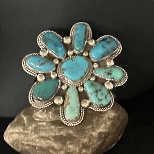 Navajo Sterling Silver Cluster Kingman Turquoise Cuff Bracelet | Authentic Native American Handmade | 14586