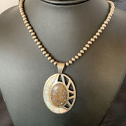 Navajo White Opal Inlay Jasper Pendant | Sterling Silver | 2.5" | Authentic Native American Handmade | 12271