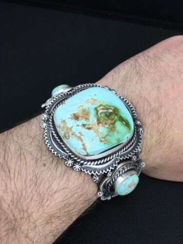 Men's Navajo Royston Turquoise Cuff Bracelet | Sterling Silver | 3 Stones | Authentic Native American Handmade | 1131