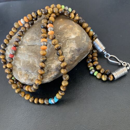 Navajo Tigers Eye Spiny Oyster Turquoise Necklace | Sterling Silver | 20" | Authentic Native American Handmade | 11834