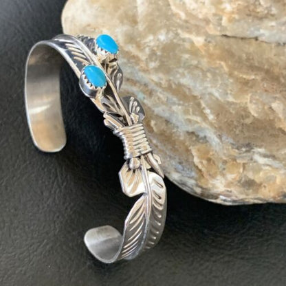 Navajo Blue Kingman Turquoise Cuff Bracelet | Sterling Silver | Authentic Native American Handmade | 12877 - Masha USA