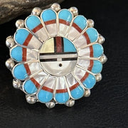 Navajo Zuni Sun Face Ring | Sterling Silver Turquoise Onyx Mother of Pearl Inlay | Sz 8 | 14451