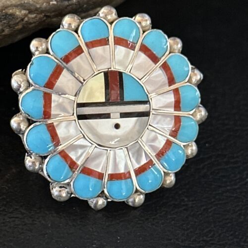 Navajo Zuni Sun Face Ring | Sterling Silver Turquoise Onyx Mother of Pearl Inlay | Sz 8 | 14451