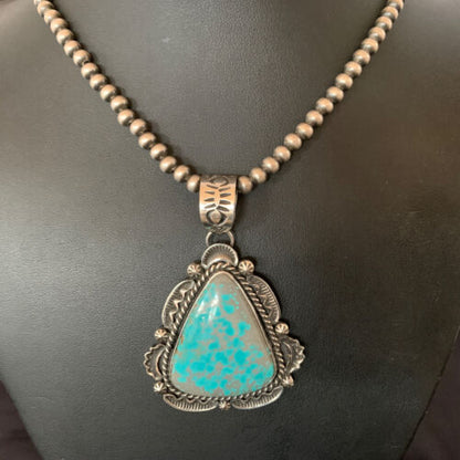 Navajo Pearls Sterling Silver Necklace with Blue Turquoise #8 Pendant | Authentic Native American Handmade | 11311