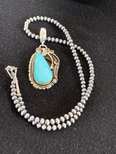 Navajo Royston Turquoise Pendant Necklace | Sterling Silver Pearls | Authentic Native American Handmade | 8735