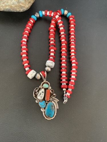 Navajo Coral, White Buffalo Turquoise, Spiny Oyster Pendant | Authentic Native American Sterling Silver | Multi-Stone | 1178