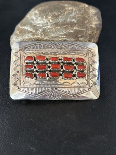 Navajo Red Coral Belt Buckle Concho | Sterling Silver | Authentic Native American Handmade | 14798