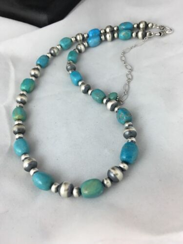 Authentic Native American | Navajo Sterling Silver Turquoise Necklace | Blue Green | 18" | 384