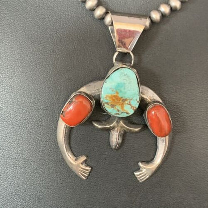 Navajo Pearl Necklace with Royston Turquoise & Coral Naja Pendant | Sterling Silver | 13643
