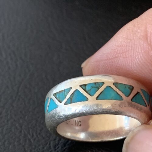 Men's Old Pawn Navajo Blue Turquoise Inlay Ring | Sterling Silver | Sz 6 | Authentic Native American Handmade | 10375