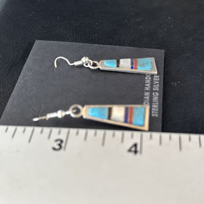 Navajo Multi-Color Turquoise Mother of Pearl Inlay Earrings | Sterling Silver | Authentic Native American Handmade | 14655