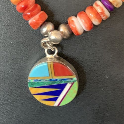 Multi-Color Turquoise & Spiny Oyster Inlay Necklace Pendant | Navajo Sterling Silver | Authentic Native American Handmade | 12721