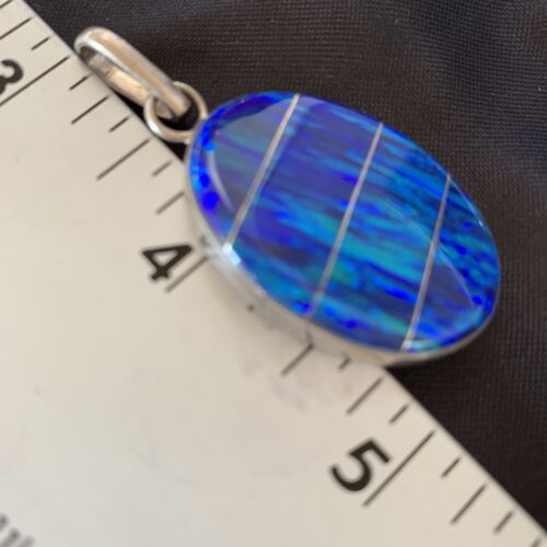 Navajo Sterling Silver Peacock Blue Opal Inlay Pendant | Men's Women's | Authentic Native American | 13141