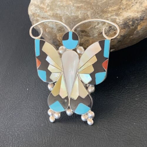 Blue Turquoise Coral Butterfly Necklace Pin Pendant | Zuni Sterling Silver | Native American Handmade | 11965