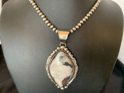 Navajo White Buffalo Turquoise Necklace Pendant | Sterling Silver | XL Men's | Authentic Native American Handmade | 11685