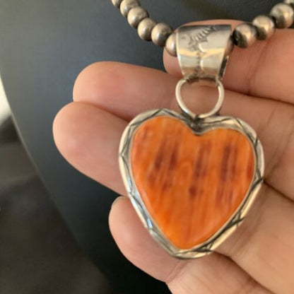Navajo Orange Heart Spiny Oyster Pendant | Sterling Silver Necklace | Authentic Native American Handmade | 13948 - Masha USA