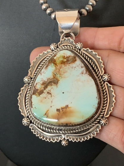 Navajo Pearls Necklace with Blue Royston Turquoise Pendant | Sterling Silver | Authentic Native American Handmade | 336