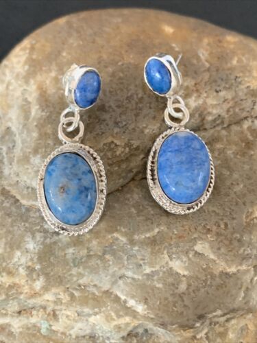 Navajo Denim Lapis Dangle Earrings | Sterling Silver | 1.1" | Authentic Native American Handmade | 1699