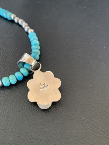 Navajo Blue Turquoise Pendant Necklace | Sterling Silver Pearls | Authentic Native American Handmade | 13219