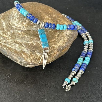 Navajo Blue Turquoise Lapis Necklace Inlay Pendant | Sterling Silver | Authentic Native American Handmade | 14637
