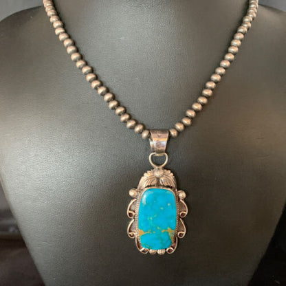 Men's Navajo Blue Kingman Turquoise Pendant Necklace | Sterling Silver | Authentic Native American Handmade | 13665