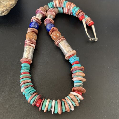 Navajo Turquoise Spiny Oyster Coral Lapis Necklace | Sterling Silver | 24" | Authentic Native American Handmade | 11870
