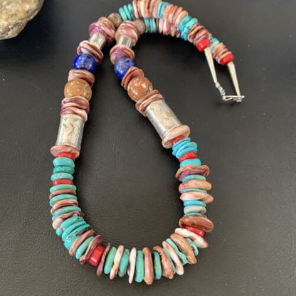 Navajo Turquoise Spiny Oyster Coral Lapis Necklace | Sterling Silver | 24" | Authentic Native American Handmade | 11870