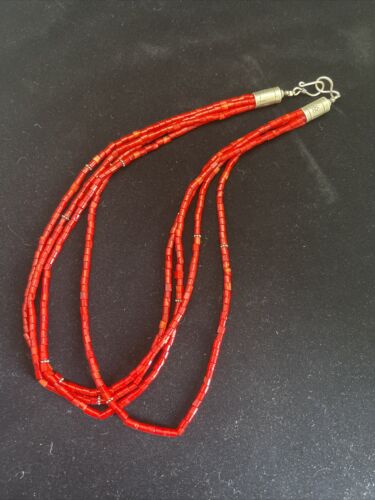Native American Red Stabilized Coral Tubes Necklace | Sterling Silver | 18" | 1749