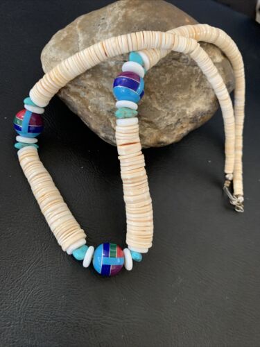 Authentic Native American Santo Domingo Shell & Turquoise 3-Bead Pendant Necklace with Pearls | 20" | 12524