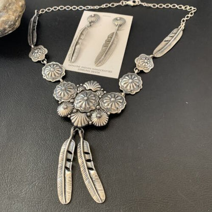 Navajo Handmade Sterling Silver Necklace & Earrings Set | Stamped | Authentic Native American Jewelry | 2114