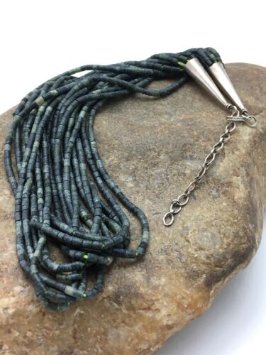Southwestern Green Agate Heishi 10 Strand Necklace | Sterling Silver | 16" | 4351