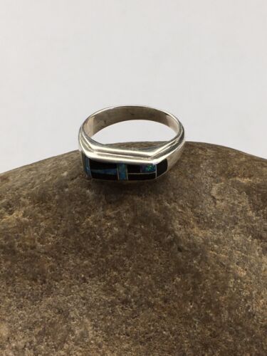 Native American Men's Navajo Opal & Black Onyx Inlay Ring | Sterling Silver | Sz 10 | 1600