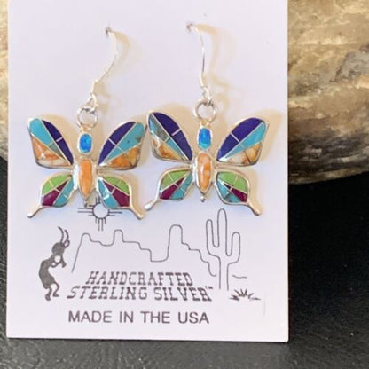 Navajo Butterfly Turquoise Spiny Opal Inlay Earrings | Sterling Silver | 0.5" | 12012