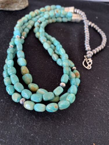 Navajo Royston Turquoise Necklace | 3 Strand | Sterling Silver | Authentic Native American Handmade | 494