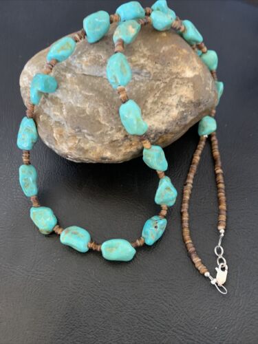 Navajo Pearls Nugget Blue Turquoise Necklace | Sterling Silver Shell | 26" | Authentic Native American Handmade | 12541