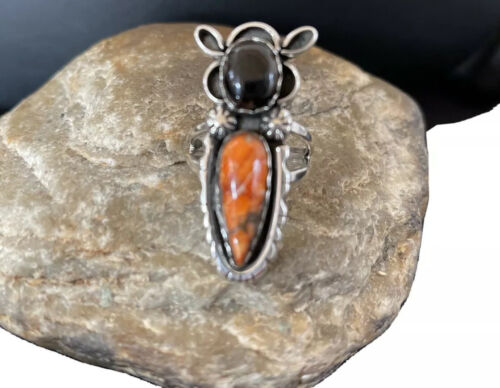 Native American Navajo Sterling Silver Spiny Oyster & Onyx Ring Sz 8.5 1076