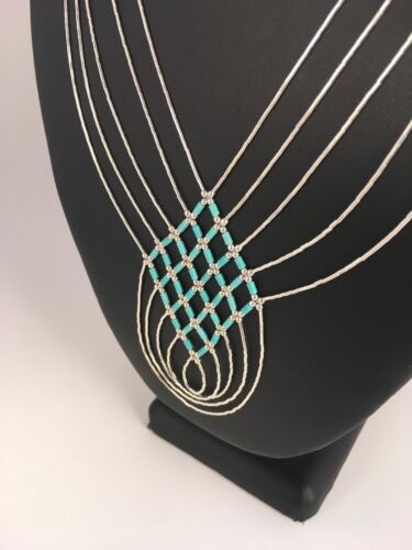 Turquoise Heishi Tubes Pendant | 5-Strand Liquid Sterling Silver Necklace | Authentic Native American Handmade | 8880