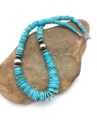 Authentic Navajo Sterling Silver & Turquoise Graduated Necklace | Native American Jewelry | 18" | 4046 - Masha USA