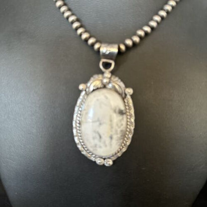 Navajo White Buffalo Turquoise Pendant Necklace | Sterling Silver | Authentic Native American Handmade | 14244