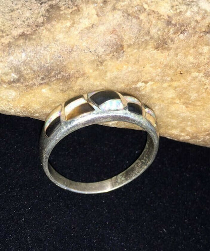 Navajo Men's White Opal & Black Onyx Inlay Ring | Sterling Silver | Sz 13.5 | Authentic Native American | 01789