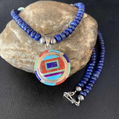 Authentic Native American Navajo Necklace | Sterling Silver with Turquoise, Lapis & Opal Pendant | 13981